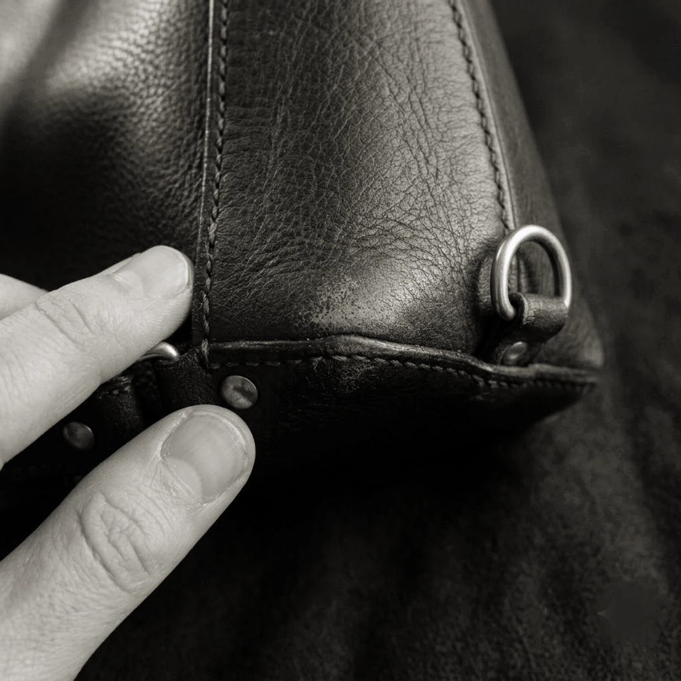Honest corner wear and the saddle-stitch slant.