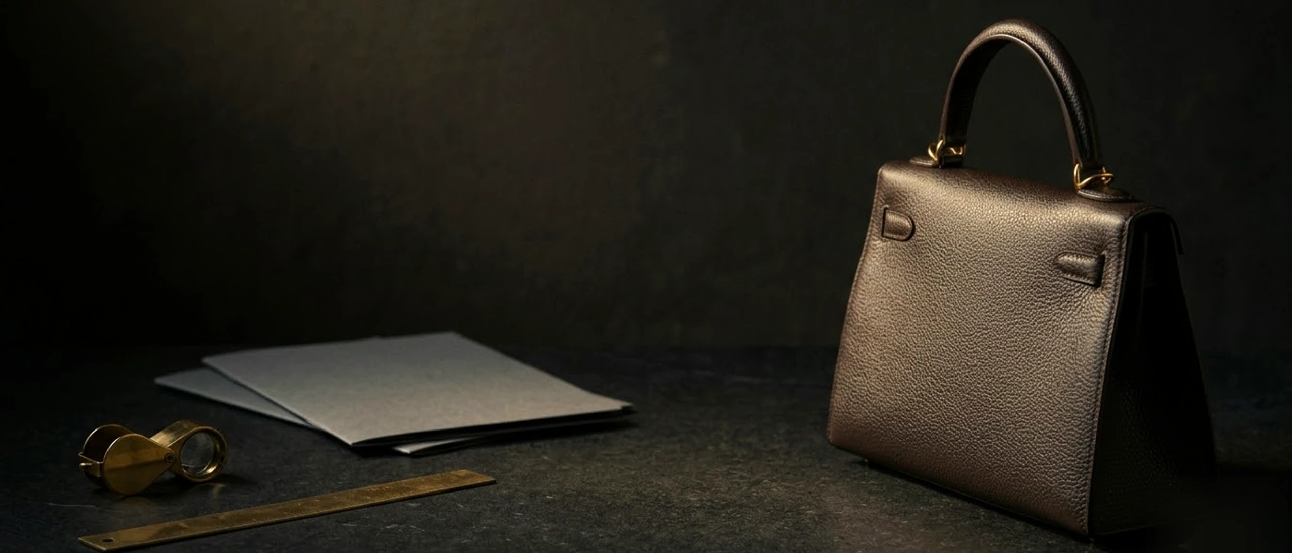 A designer bag on a desk under raking light — twelve decisions, stacked.