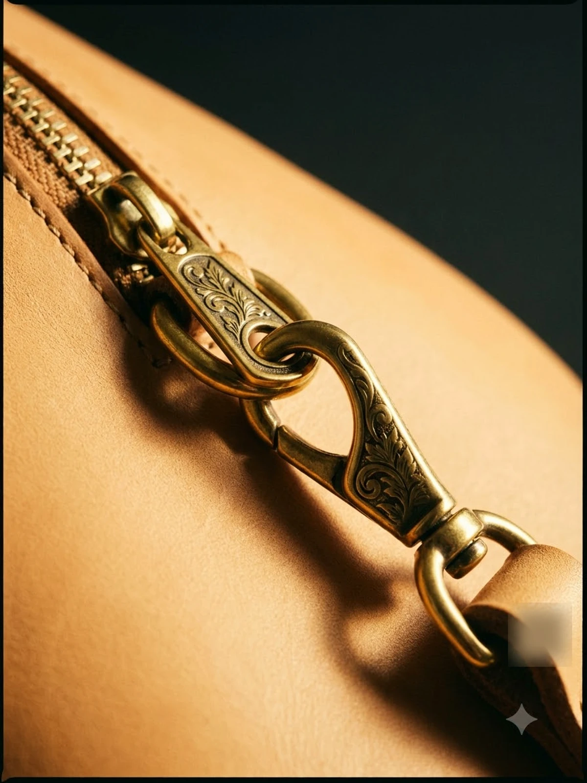 Warm brass hardware and zipper macro — weight, finish and engraving.